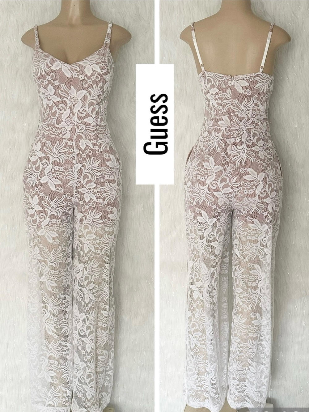 Guess White Lace Overlay Blush Nude Lined Jumpsuit